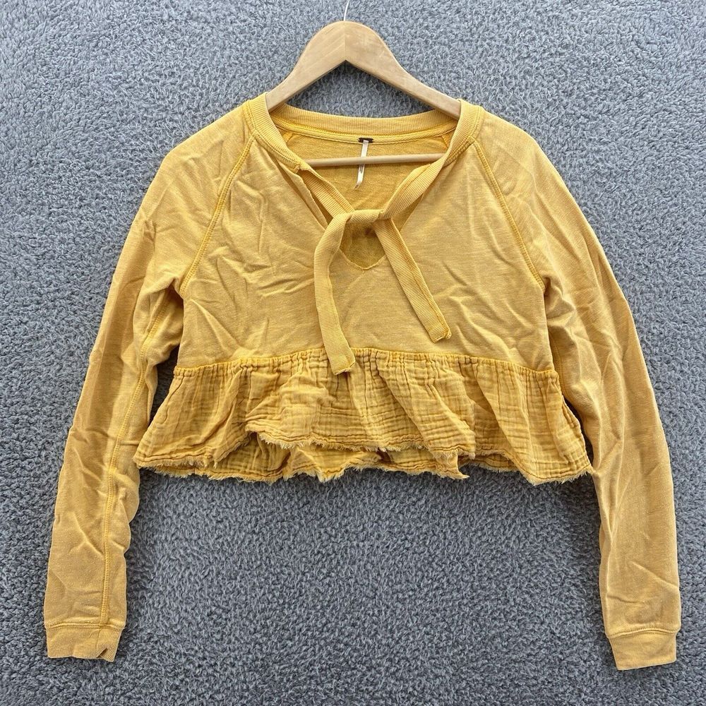 Free People Shirt Women's XS Yellow Bottom Ruffle Long Sleeve Crop‎ Top Tie